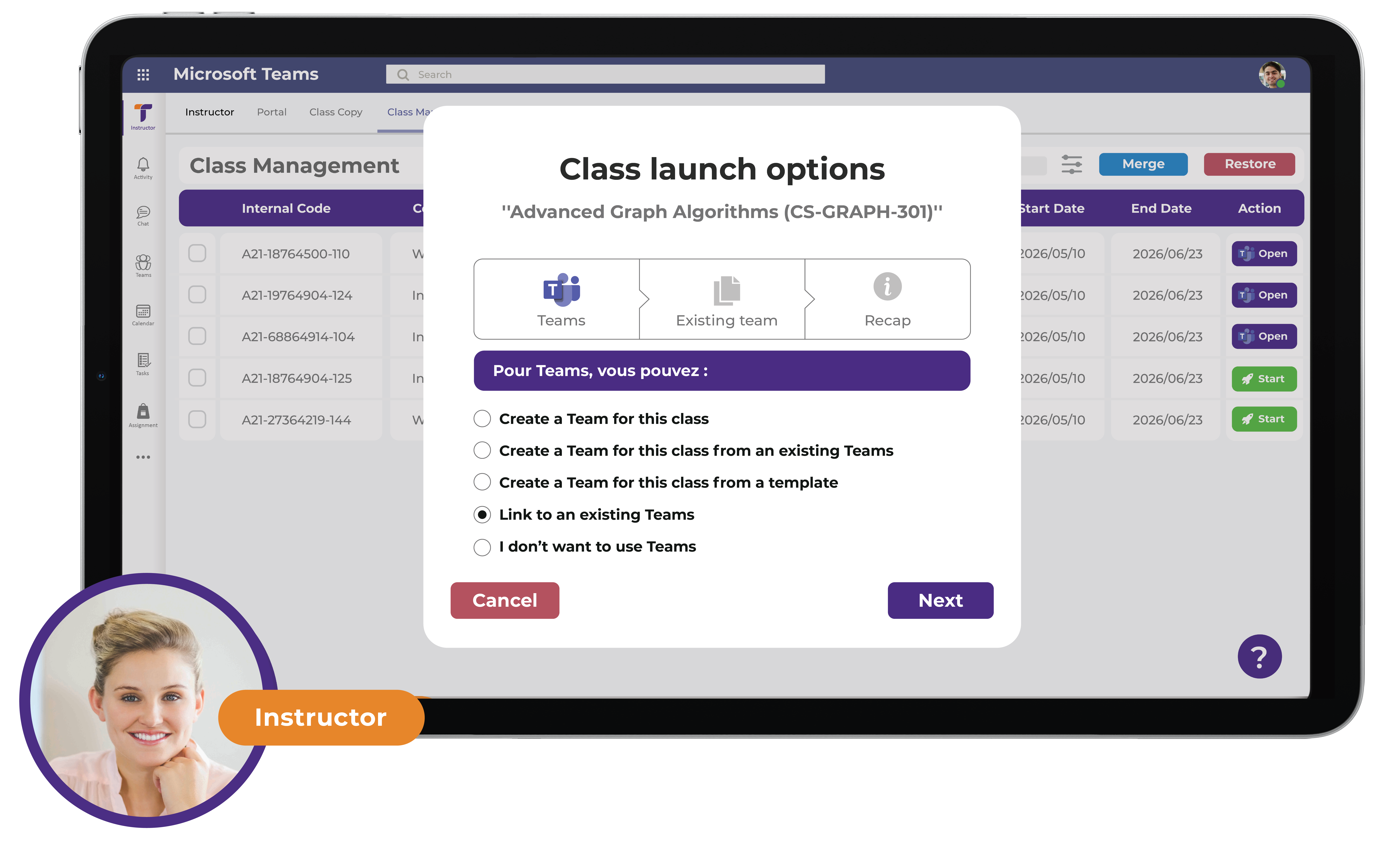 Classeo class management interface for instructors
